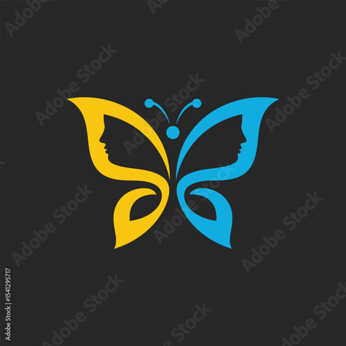 Minimalist butterfly logo featuring yellow and blue human profiles. A modern, symbolic design using negative space to represent harmony, duality, and balance.