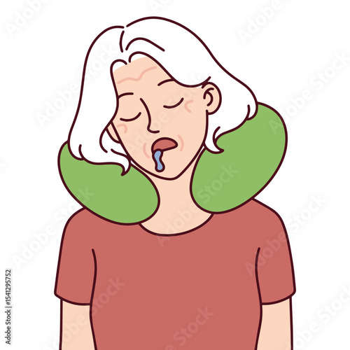 Elderly woman sleeps peacefully with travel pillow on neck. Concept of senior travel, comfort and rest during flight or journey.