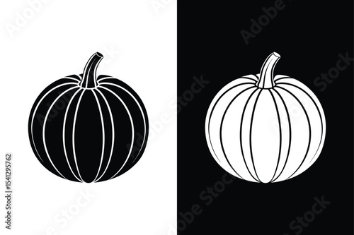 Flat Design Pumpkin Icon. Simple Black and White Vegetable Vector Art