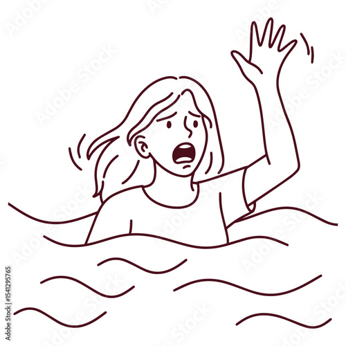Black and white  drawing of a panicked girl waving for help while partially submerged in water, symbolizing danger or drowning emergency