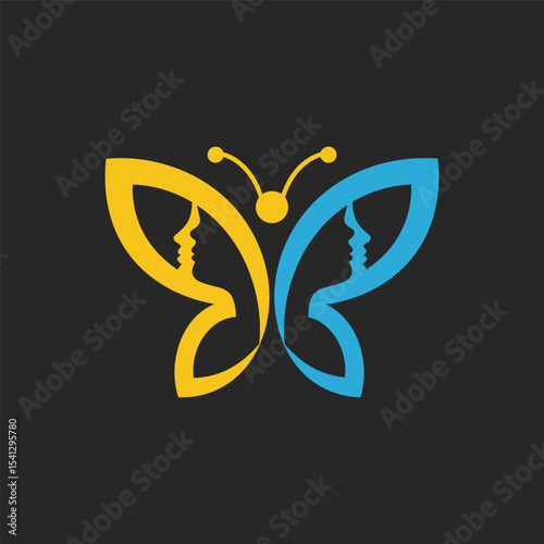 Minimalist butterfly logo featuring yellow and blue human profiles. A modern, symbolic design using negative space to represent harmony, duality, and balance.