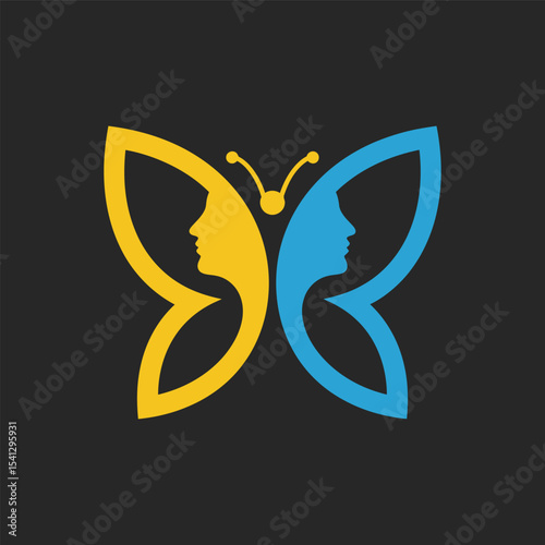 Minimalist butterfly logo featuring yellow and blue human profiles. A modern, symbolic design using negative space to represent harmony, duality, and balance.