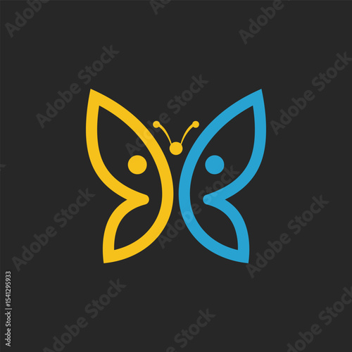 Minimalist butterfly logo featuring yellow and blue human profiles. A modern, symbolic design using negative space to represent harmony, duality, and balance.
