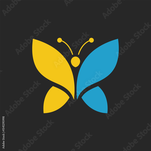 Minimalist butterfly logo featuring yellow and blue human profiles. A modern, symbolic design using negative space to represent harmony, duality, and balance.