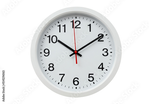 White analog wall clock displaying the time against a stark PNG background ready to be used, clock, wall clock, time, timing, white, black, analog, round, dial, numbers, hands, second hand, minute h