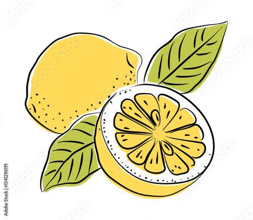 Vector illustration of yellow lemons, whole and halved, with green leaves. Hand-drawn citrus fruit in bold lines and modern minimal style, isolated on transparent background.