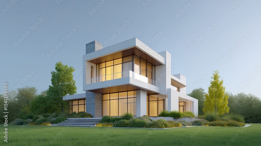 Fototapeta premium Modern Architectural Home Surrounded by Lush Green Landscape
