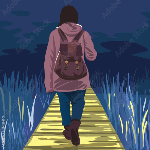 Night Hike, Minimalist Vector Art