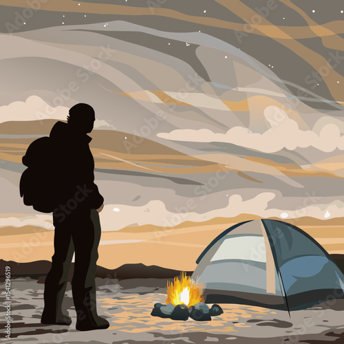 Backpacker at Campfire Under Starry Sky