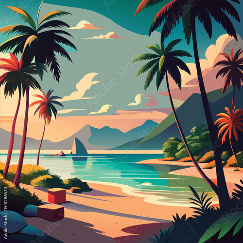 Tropical beach paradise at sunset.