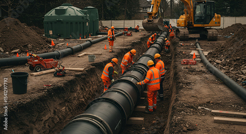 Workers Installing Large Pipeline in Trench