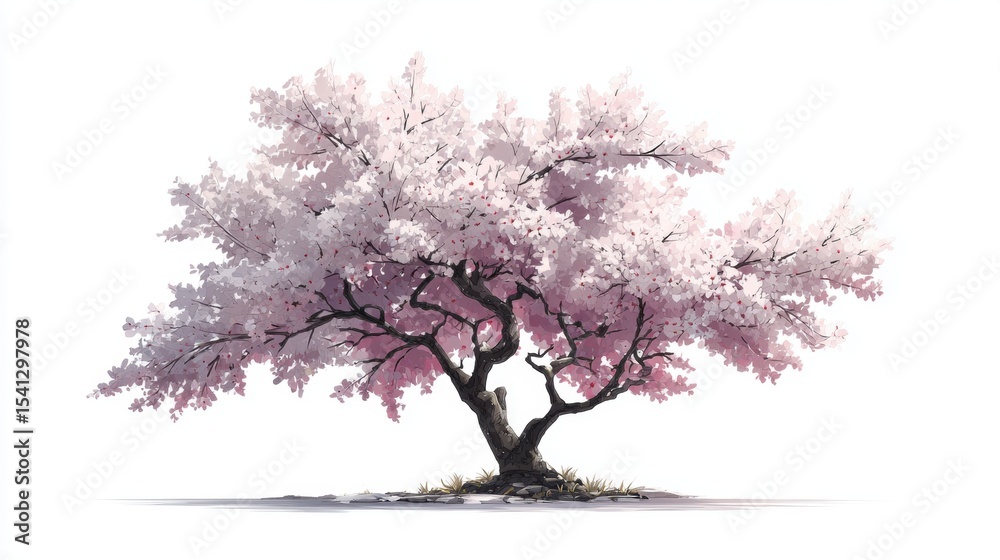 Naklejka premium A solitary cherry blossom tree in full bloom with pink flowers against a white background.