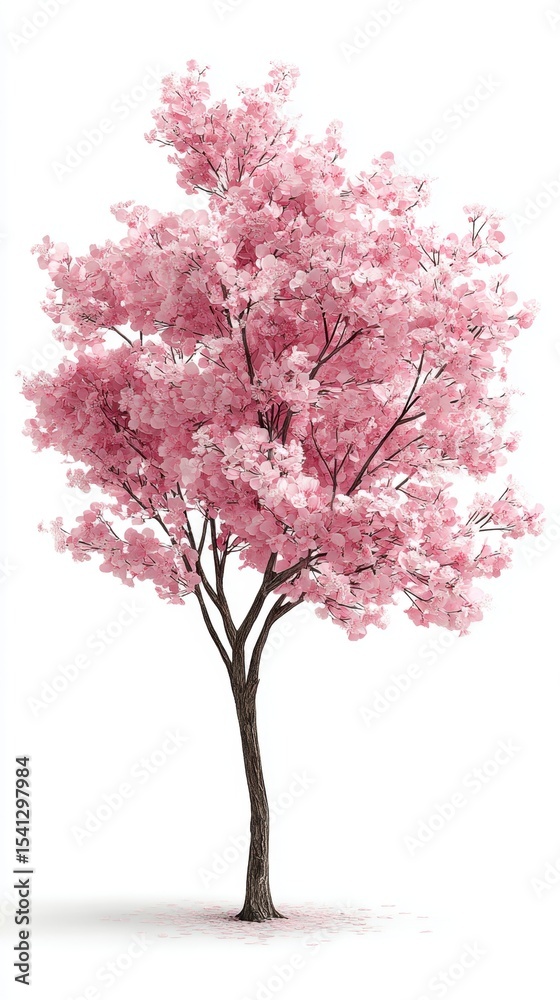Obraz premium A solitary cherry blossom tree in full bloom with vibrant pink flowers against a white background.
