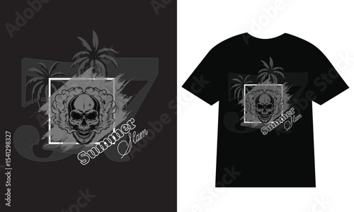 Skull silhouette in cap with crossed fishing rods and hooks on background - cut out vector emblem.