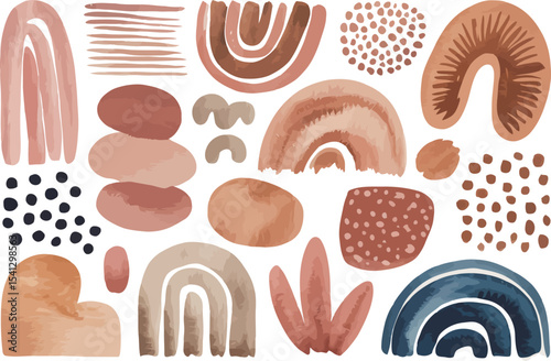 This image shows a collection of abstract watercolor shapes in warm tones of brown, pink, and blue. 