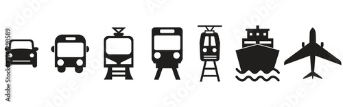transportation icons car bus train cruise ship airplane black silhouette on vector