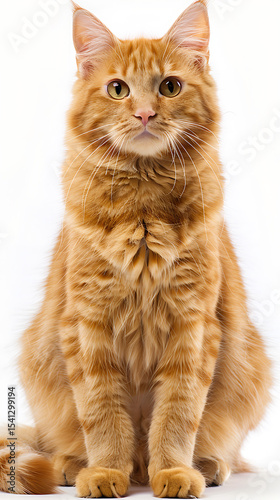Ginger maine coon cat sitting isolated on white background