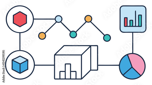 Visualization of interconnected data points and graphical representations of data analysis metrics