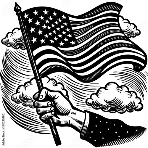 Hand holding american flag woodcut illustration