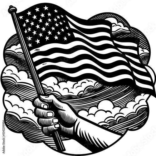 Hand holding american flag woodcut illustration