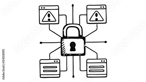 Hand drawn network security illustration featuring a padlock connected to multiple windows with alerts