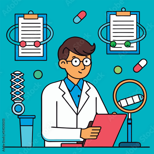 Smiling doctor reviewing medical records.