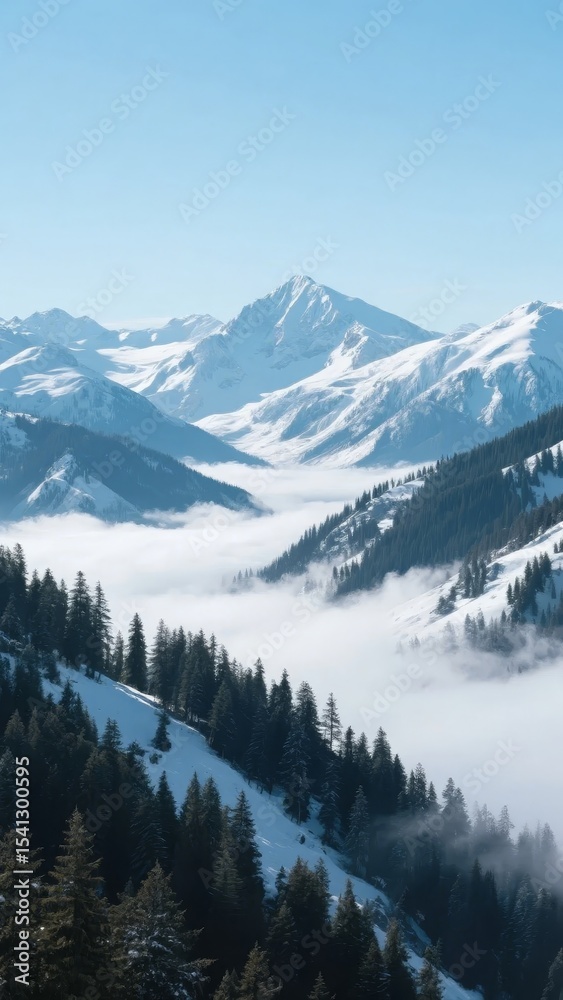 Snowy Mountain Peaks Above Clouds with Pine Forest Snowy Mountain Peaks Above Clouds with Pine Forest