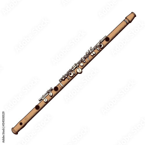 Wooden flute with metal keys in a classic design  