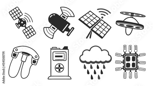 Illustration showcasing satellites, a drone, a battery, a cloud with rain, and a computer chip design