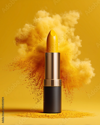 A yellow lipstick is surrounded by yellow powder, creating a dramatic and eye-catching effect. Concept of boldness and confidence, as the bright colors and the bold makeup choice suggest a strong photo
