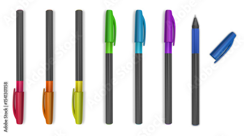 Collection of colorful ballpoint pens with different colored caps