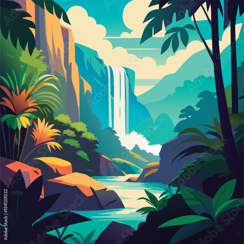 Vector illustration of a Stunning tropical waterfall scene.