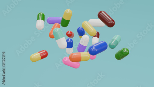 Colorful capsules floating in mid-air against a bright blue background, creating a vibrant, surreal composition