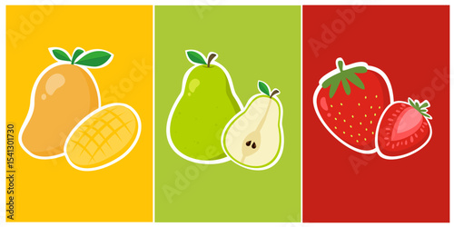 Fruit illustration set. Mango, pear and strawberry. Healthy food cartoon.