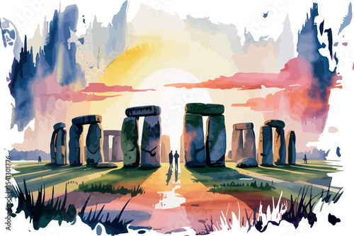 Stonehenge is depicted in a watercolor painting under a dramatic sunset sky.