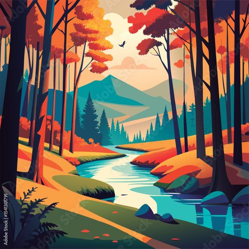 Vector illustration of a Autumnal forest stream scene.