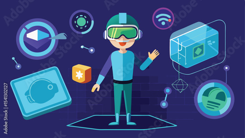 Man wearing vr headset surrounded by digital icons and floating interface elements in a virtual space