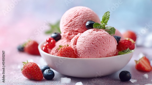 Bowl of Pink Ice Cream with Fresh Berries and Mint Garnish