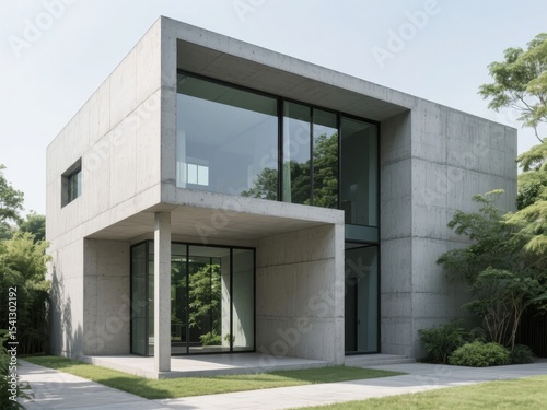 Modern Concrete House with Large Glass Windows and Minimalist Design