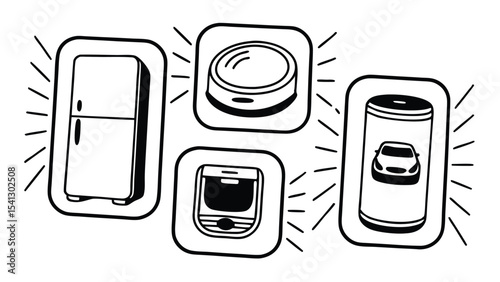 Illustration of smart home devices including refrigerator robot vacuum phone and smart car system display