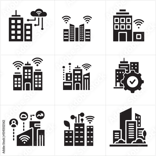 Vector Icons of Connected Buildings, Green Technology, and IoT Systems