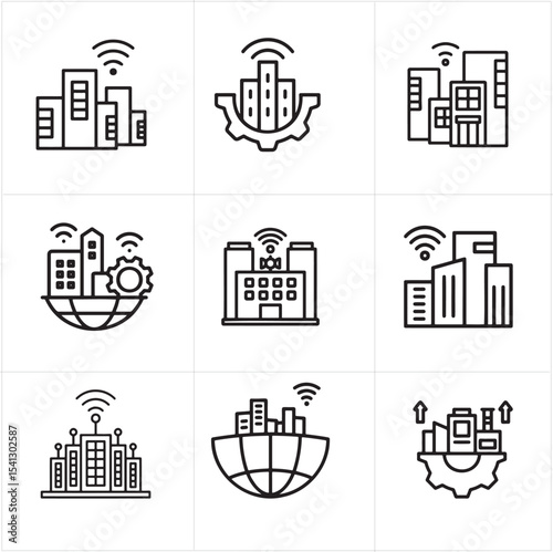 Smart City and IoT Technology Glyph line art icon set