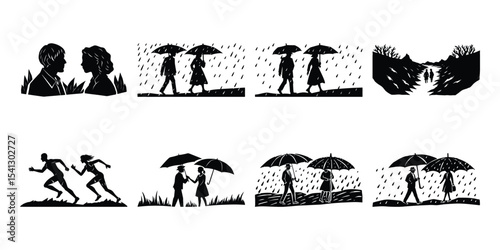 Two people sharing one umbrella, walking in the rain