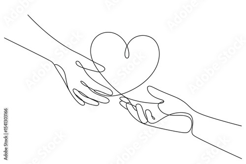 Two hands gently holding a heart one line drawing