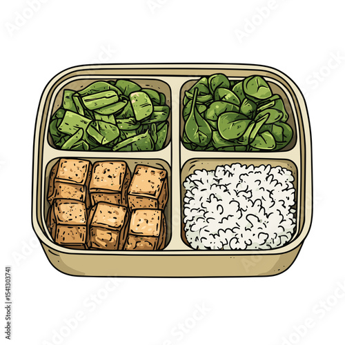 Isometric Vector Illustration Of A Bento Box With Fried Tofu Spinach And Rice Compartments Against Green Background
