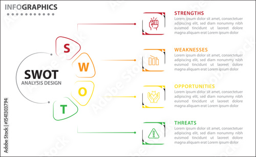 Clean and modern SWOT analysis infographic template. Editable design for presentations, business reports, or strategy plans. Highlights Strengths, Weaknesses, Opportunities, and Threats clearly.
