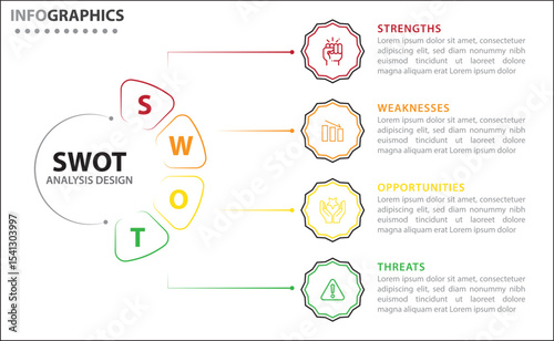 Clean and modern SWOT analysis infographic template. Editable design for presentations, business reports, or strategy plans. Highlights Strengths, Weaknesses, Opportunities, and Threats clearly.