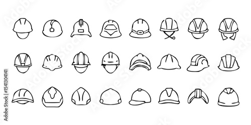 Safety Helmets & Hard Hats – Linear Icon Set (30 Outline Icons, Editable Stroke, Vector Illustration)