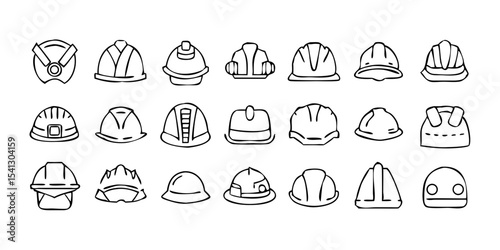 Safety Helmets & Hard Hats – Linear Icon Set (30 Outline Icons, Editable Stroke, Vector Illustration)