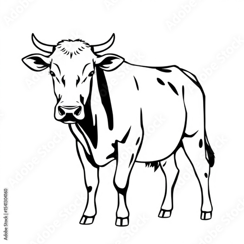 Black and white vector illustration of a cow standing farm animal livestock dairy cattle beef drawing art 100